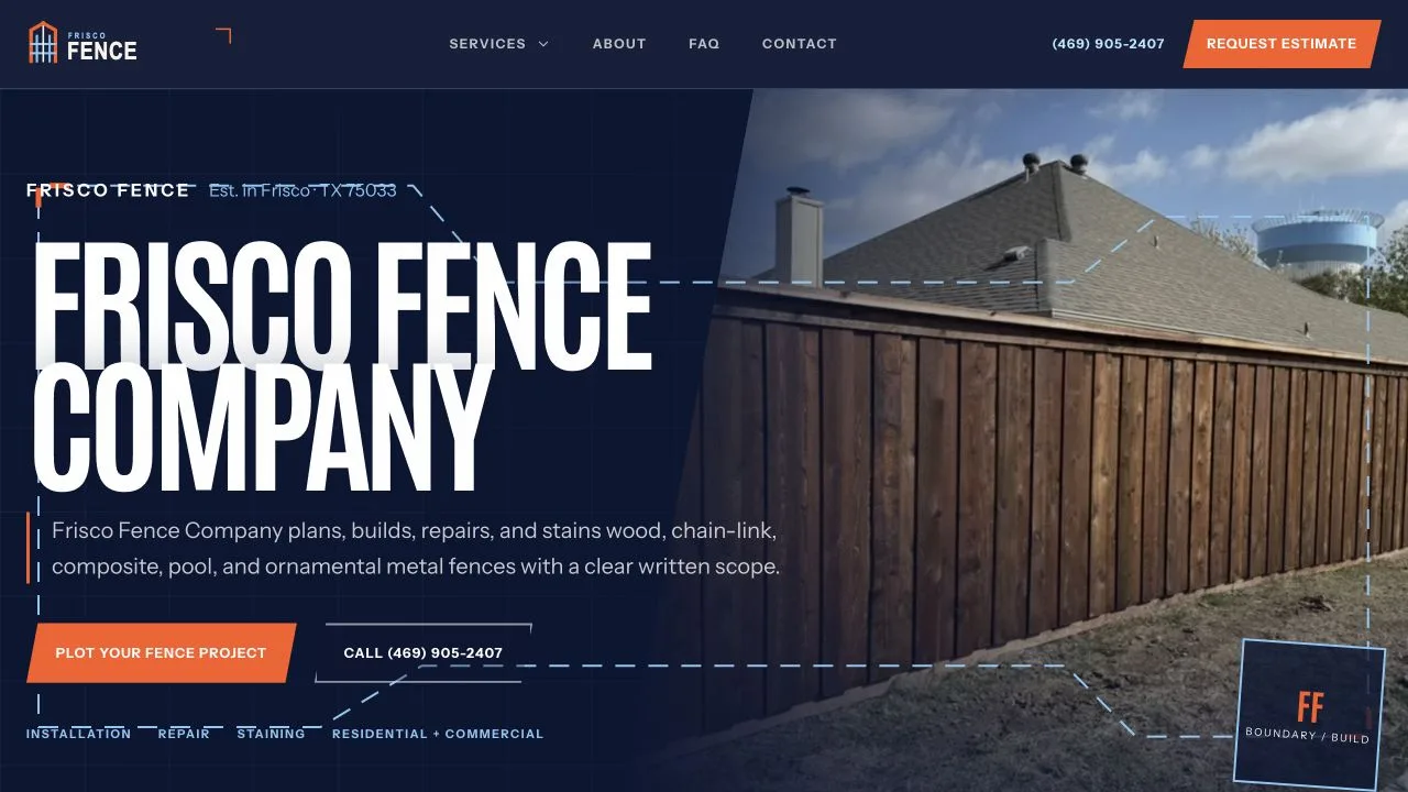 Frisco Fence homepage showing its local service introduction and a wood fence project