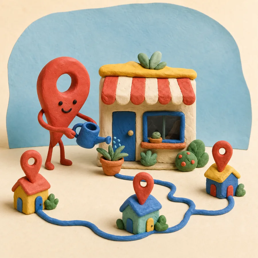 Handmade clay map pins connecting Frisco-area businesses
